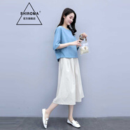 SHIROMA女裝棉麻套裝連衣裙女中長款夏季減齡氣質(zhì)時尚韓版亞麻裙子兩件套 藍(lán)色+米色 M /106-120斤