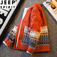 JEEP SPIRIT 日系復古拼接菱格V領(lǐng)開衫毛衣男寬松痞帥潮流休閑針織衫外套 紅色 XL