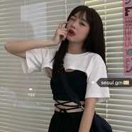 愷吉銳辣妹露肚臍兩白色短袖T恤女超短款罩衫百搭背心炸街上衣ins潮 黑色背心+白色上衣 S 70-85