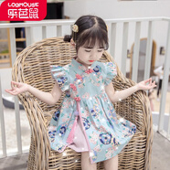 樂芭鼠童裝女童旗袍裙夏季兒童唐裝中國風(fēng)改良漢服連衣裙女寶寶衣服1-7歲中小童女孩甜美公主裙 藍(lán)色 110碼建議3-4歲 (身高100-110cm )