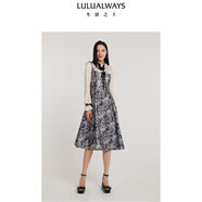 LULUALWAYS【商場(chǎng)同款】24新款復(fù)古提花拼接蕾絲中長(zhǎng)款連衣裙宴會(huì)晚禮服裙 藏青色 M