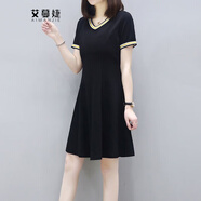 艾蔓婕（AIMANJIE）香港潮牌中長款連衣裙夏季新款時尚修身v領(lǐng)短袖t恤裙休閑洋氣女裙 黑色 L （建議100-115斤）