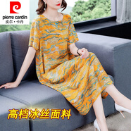 皮爾卡丹網(wǎng)紅女2024夏天新款時(shí)尚印花直筒裙洋氣寬松中長款裙子氣質(zhì)減齡 黃色連衣裙(冰絲面料) 5XL