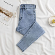 愷吉銳高腰牛仔褲女年新款淺色緊身小腳褲春季顯瘦百搭九分褲鉛筆褲 淺藍色【毛邊腳口】 4XL 32 建議【142-150】斤