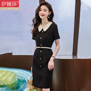 伊婭莎短袖職業(yè)裝連衣裙女夏季名媛氣質(zhì)正裝娃娃領(lǐng)a字裙收腰顯瘦工作服 黑色（配白腰帶） XL 建議110-120斤