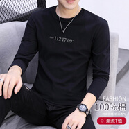 南極人長袖T恤男時尚印花男t恤2021時尚潮流百搭長款體恤男士套頭打底衫 黑色112 2XL