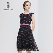 名師路印花連衣裙女顯瘦背心裙無(wú)袖雪紡裙春秋裝新款圓領(lǐng)收腰大擺裙 黑色印花88 M