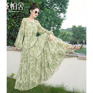 絲柏舍【明星同款】法式碎花連衣裙2026春新款女裝度假風(fēng)顯瘦雪紡長(cháng)裙 米底綠花 2XL