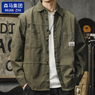 棉致美式工裝襯衫外套男春季新款寬松日系復古百搭休閑夾克男 綠色 4XL