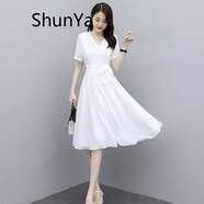 shunya高端品牌夏天連衣裙新款小個(gè)子雪紡裙子收腰顯瘦V領(lǐng)短袖中長(cháng)裙 白色 M