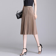 歐偲麥 百褶裙半身裙女春秋新款高腰百搭中長(cháng)款小個(gè)子a字裙子垂感 21112 深卡其色 均碼 （80-155斤）