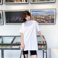 亞貝梵短袖t恤女2022夏季寬松中長(cháng)款半高領(lǐng)中袖上衣體恤打底衫SN6317 白色 均碼