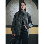 太平鳥(niǎo)女裝短外套時(shí)尚立領(lǐng)圈圈呢花紗廓形夾克冬裝加厚 黑色 M