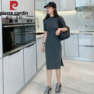 皮爾卡丹（pierre cardin）2025秋裝新款絲絨中袖連衣裙直筒裙氣質(zhì)金絲絨裙復古開(kāi)叉裙打底裙 深灰色純棉(中袖左開(kāi)叉) M 建議96-105斤