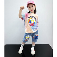 菲帝貓2025新款女童奧特曼兒童衣服夏季短袖洋氣小女孩純棉薄款牛仔短褲 R88-粉色女童兩件套 120 cm建議身高110-120cm