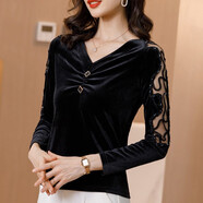 WMOKNN時(shí)尚打底衫女金絲絨上衣長(cháng)袖秋冬新款歐洲站洋氣時(shí)尚內搭修身T恤 黑色（1251） M