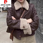 皮爾卡丹（pierre cardin）品牌2025新款棕色港風(fēng)加棉短款機車(chē)服羊羔毛皮衣外套女秋冬氣質(zhì)款 咖啡色(夾棉) 加厚 M 【建議100-115斤】