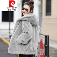 皮爾卡丹（pierre cardin）羊羔毛茸茸外套女2023春秋羊羔絨加絨保暖衛衣短款連帽皮草針織 灰色775美 加厚 S