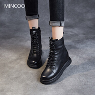 敏蔻秋冬新款牛皮厚底內(nèi)增高馬丁靴女英倫風(fēng)小皮鞋真皮厚底平 黑色單里 36