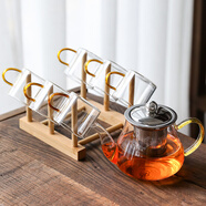 瓷牌茗茶具（cipaiming teaset） 透明玻璃茶具整套套裝家用功夫茶壺茶杯會(huì)客泡茶器 金色八駿壺6金把杯+梯形杯架