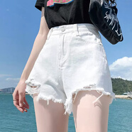妙奕嘉牛仔短褲女辣妹熱褲夏季新款超短褲外穿女士闊腿高腰毛邊女裝百搭 破洞牛仔短褲【白色】 M 【建議 95-105斤】