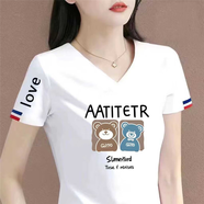 清倉撿漏尾單大牌剪標短袖女t恤夏寬松v領(lǐng)上衣正肩體恤半袖 45黑字白色【中】字母小熊 XL 建議115-130斤