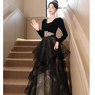 唐努烏（Tang Nu wu）高端法式晚禮服女畢業(yè)新款成人禮服演出服宴會(huì)氣質(zhì)聲樂藝考長裙 黑色【長袖】 3XL 【130-140斤】