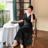 毅珊連衣裙女夏品牌女裝感法式V領(lǐng)白色氣質(zhì)雪紡收腰顯瘦長款A(yù)字裙女夏 黑色 現(xiàn)貨 M