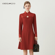 歐柏蘭奴【商場(chǎng)同款】2023秋綿羊毛優(yōu)雅盤(pán)扣鏤空長(cháng)袖立領(lǐng)連衣裙 O21橘紅 S