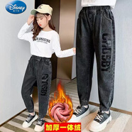 迪士尼童裝女童加絨加厚牛仔褲秋冬季女孩洋氣彈力棉褲中大兒童寬松褲子 深色大字母-加絨加厚(一體絨) 110
