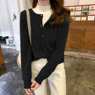 RGPX羊毛開衫女2024春秋新款寬松短款輕薄軟糯毛衣針織衫開衫外套外搭 黑色/細膩柔軟 S 建議75-90斤