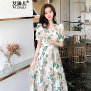 艾珠兒2025年夏新款赫本風可鹽可甜長裙腳踝仙氣森系甜美碎花連衣裙子女 綠色 M