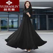 俞兆林（YUZHAOLIN）新款女長袖系帶領純色雪紡連衣裙修身顯瘦沙灘度假長款大擺裙 黑色 2XL _建議125-135斤