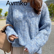 潮牌Avmko毛衣新款馬海毛毛衣女韓版寬松百搭顯瘦套頭長袖慵懶風(fēng)圓領(lǐng)鏤空薄款針織衫 奶玉藍(lán) 混色 均碼