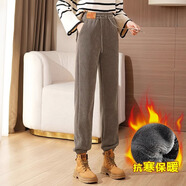 簡(jiǎn)蜓2025新款休閑褲女冬季外穿保暖絨哈倫運(yùn)動(dòng)褲高腰加絨加厚束腳衛(wèi)褲 燕麥色-薄絨款 S 【建議85-98斤】