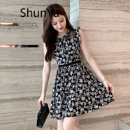 shunya 香港潮牌 無袖碎花連衣裙女2022夏季新款小個子短款裙子收腰顯瘦小黑裙輕奢減齡雪紡裙 黑色碎花 S
