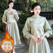 景華年秋冬新中式漢服國風(fēng)女改良旗袍復古鹿皮絨刺繡上衣裙子茶藝服套裝 青山岱上衣（常規保暖） XL （建議120-130斤）