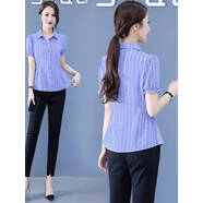 花仙醉 夏季新款韓版修身條紋短袖襯衫女上衣清涼雪紡百搭襯衣女收 藍色條紋 S95斤內 均碼