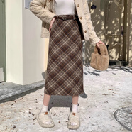 涓涓細語(yǔ)大碼胖mm中長(cháng)款毛呢格子半身裙女春秋2024新款高腰包臀a字裙ins潮 卡其色長(cháng)裙492 5XL 【175-200斤】