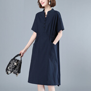 楚馨2025夏季新款女裝時(shí)尚寬松顯瘦中年女士夏天連衣裙中長(cháng)款亞麻裙子 藏青色 XL (126-136斤)