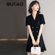BUTAO女裝連衣裙女氣質(zhì)新款夏天小個(gè)子短袖赫本風(fēng)西裝裙顯瘦收腰小黑裙 黑色 M