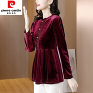 皮爾卡丹（pierre cardin）金絲絨長(zhǎng)袖T恤衫女秋季2025新款貴夫人氣質(zhì)收腰裙擺上衣打底衫 酒紅色 2XL