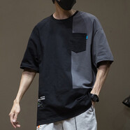 風梵名短袖t恤男寬松純棉圓領(lǐng)大碼印花半截袖男生半袖中袖打底體恤衫胖 黑色 XL （體重130-150斤）