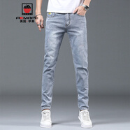 AEMAPE/美國蘋果 牛仔褲男夏季淺藍(lán)色牛仔褲男薄款潮牌韓版修身彈力小腳高端男士休閑褲 淺藍(lán)色 31
