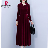 皮爾卡丹（pierre cardin）喜婆婆婚宴裝2024新款秋冬金絲絨連衣裙高貴洋氣媽I媽禮服平時(shí)可 酒紅色 XXXL (135-145斤)