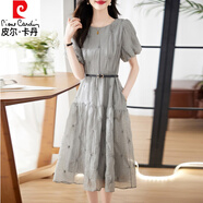 皮爾卡丹高端精致連衣裙女寬松2024年夏季新款絕美氣質(zhì)小個(gè)子灰色雪紡紗裙 灰色 (配腰帶) M (90-110斤)