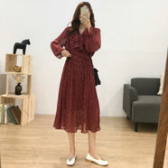 索宛亦（SUOWANYI）大媽胖M妹顯瘦寬松連衣裙女韓版新款秋裝雪紡波點(diǎn)百褶仙女裙 紅色 L 95-115斤