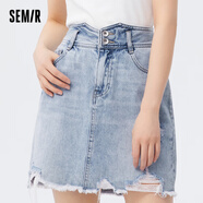 森馬（Semir）森馬牛仔半身裙女磨破毛邊a字裙個(gè)性炸街夏季復古做舊短裙百搭潮 牛仔中藍0820 165/70A/L