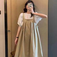 GOCHIEI學(xué)院風(fēng)小清新背帶裙女夏季寬松韓版顯瘦收腰小個子連衣裙 白色上衣+卡其色背帶裙 M_建議[105-120斤]