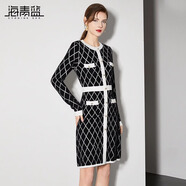 海青藍(lán)（CYANINE SEA）氣質(zhì)名媛高檔小香風(fēng)針織連衣裙秋裝長(zhǎng)袖修身毛衣裙顯瘦中長(zhǎng)裙子 格子 L
